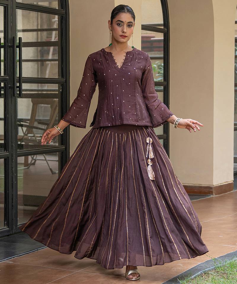 Brown chanderi embroidered top and skirt set