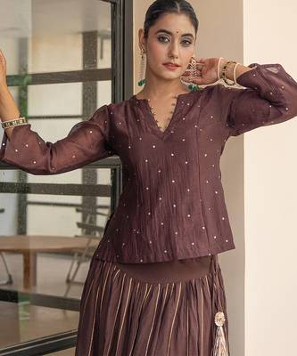 Brown chanderi embroidered top and skirt set 2