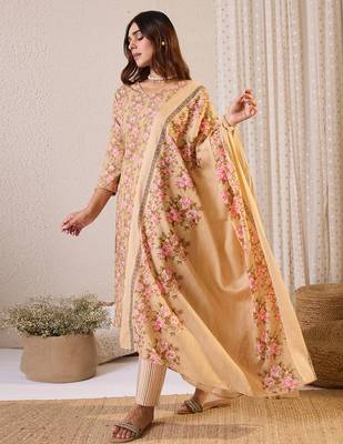 Beige printed pure cotton kurta trouser dupatta set 4