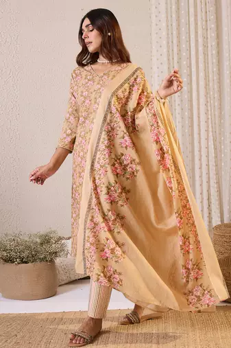 Beige printed pure cotton kurta trouser dupatta set