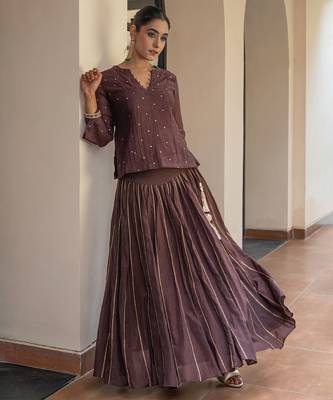 Brown chanderi embroidered top and skirt set 3