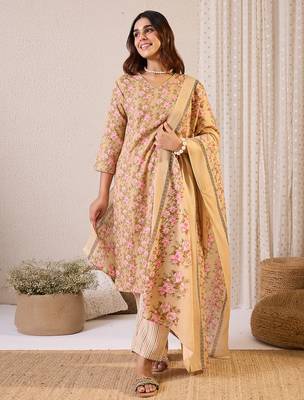 Beige printed pure cotton kurta trouser dupatta set 1