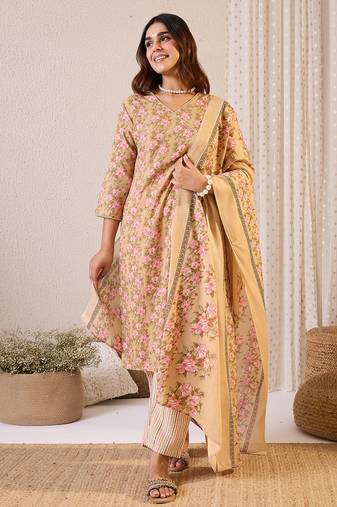Beige printed pure cotton kurta trouser dupatta set