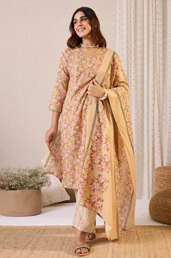 Beige printed pure cotton kurta trouser dupatta set