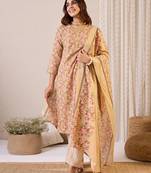Beige printed pure cotton kurta trouser dupatta set