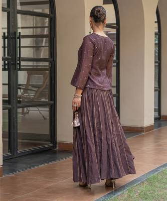 Brown chanderi embroidered top and skirt set 4