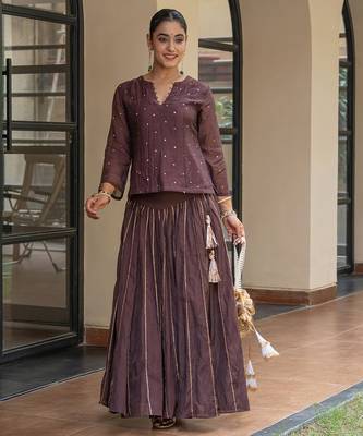 Brown chanderi embroidered top and skirt set 5