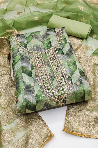 ethnic motifs woven design beads and stones organza unstitched dress material