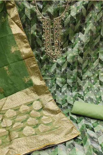 ethnic motifs woven design beads and stones organza unstitched dress material