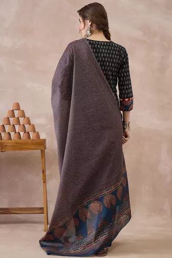 Black printed pure cotton kurta trouser dupatta set