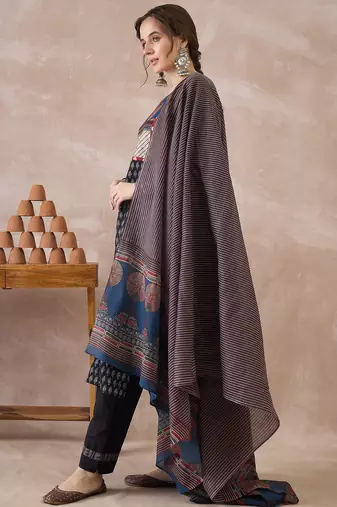 Black printed pure cotton kurta trouser dupatta set