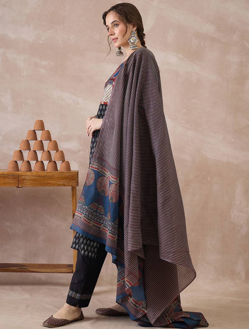 Black printed pure cotton kurta trouser dupatta set