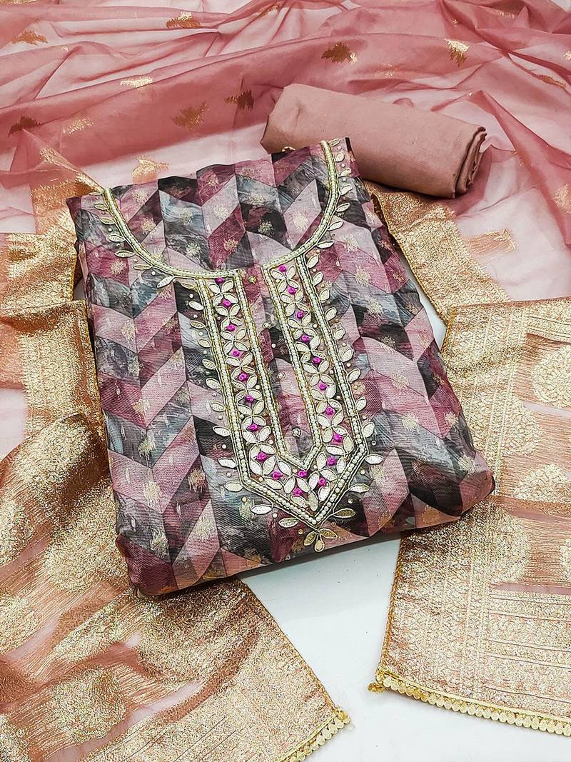 Chevron Printed Gotta Patti Organza Banarasi Unstitched Dress Material