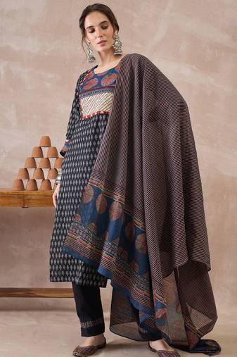 Black printed pure cotton kurta trouser dupatta set
