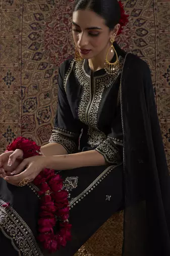 Black embroidered silk blend kurta trouser dupatta set