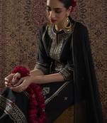 Black embroidered silk blend kurta trouser dupatta set