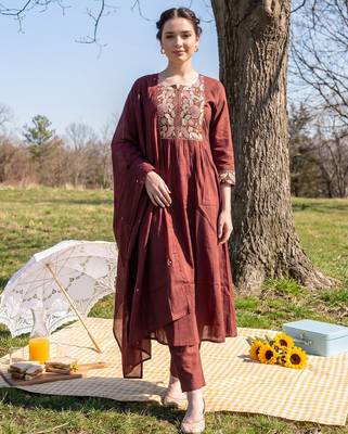 Brown embroidered pure cotton kurta trouser dupatta set 1