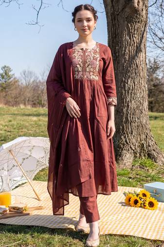 Brown embroidered pure cotton kurta trouser dupatta set