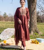 Brown embroidered pure cotton kurta trouser dupatta set