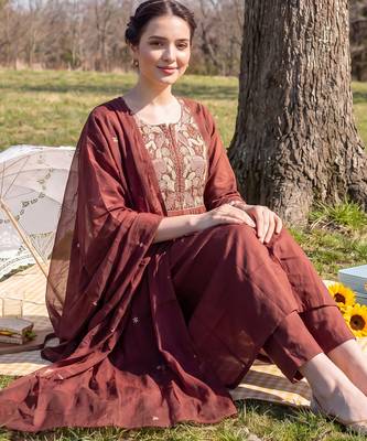 Brown embroidered pure cotton kurta trouser dupatta set 2