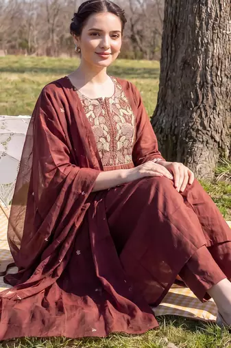 Brown embroidered pure cotton kurta trouser dupatta set