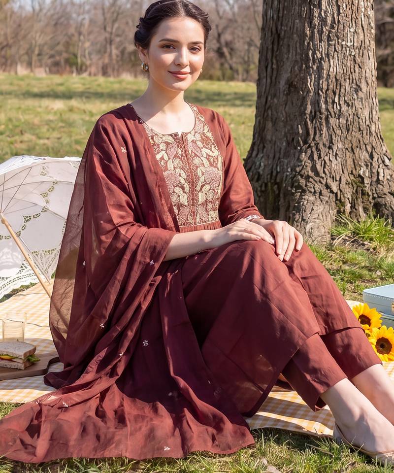 Brown embroidered pure cotton kurta trouser dupatta set