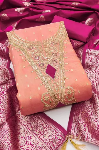 women peach embellished organza unstitched kurta & pant with dupatta dress material