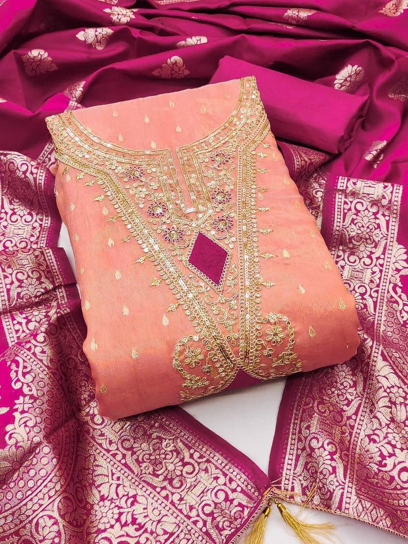 Women Peach Embellished Organza Unstitched Kurta & Pant With Dupatta Dress Material