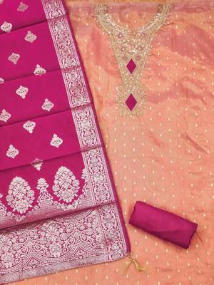 women peach embellished organza unstitched kurta & pant with dupatta dress material 2