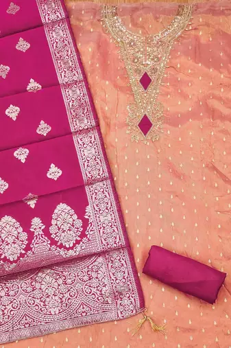 women peach embellished organza unstitched kurta & pant with dupatta dress material