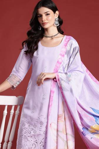 Lavender embroidered silk blend kurta trouser dupatta set
