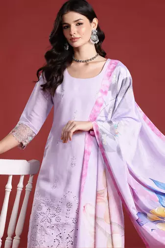 Lavender embroidered silk blend kurta trouser dupatta set