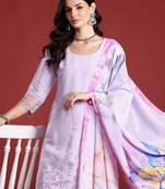 Lavender embroidered silk blend kurta trouser dupatta set