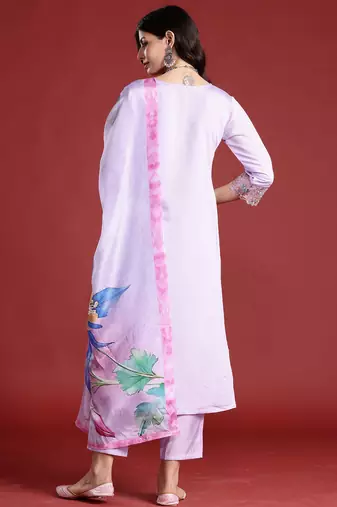 Lavender embroidered silk blend kurta trouser dupatta set