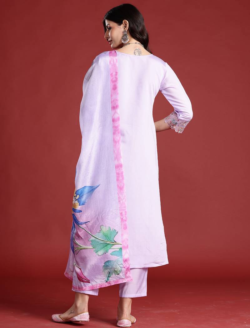 Lavender embroidered silk blend kurta trouser dupatta set