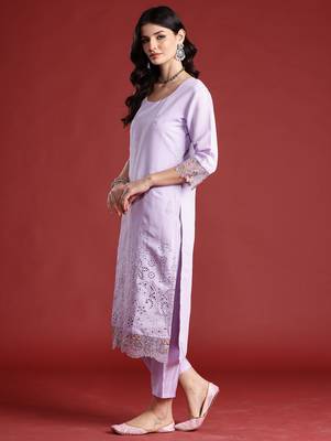 Lavender embroidered silk blend kurta trouser dupatta set 3