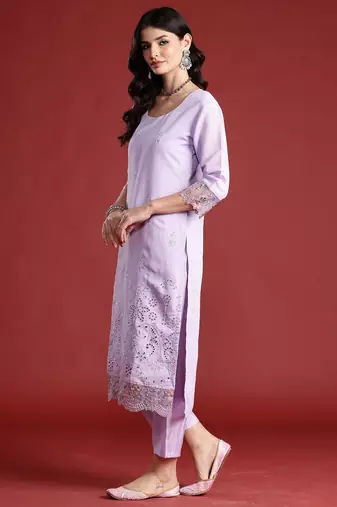 Lavender embroidered silk blend kurta trouser dupatta set