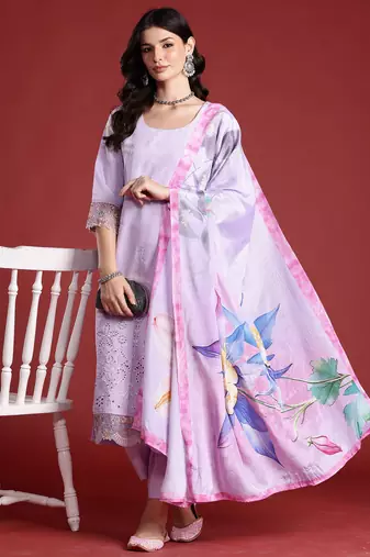 Lavender embroidered silk blend kurta trouser dupatta set