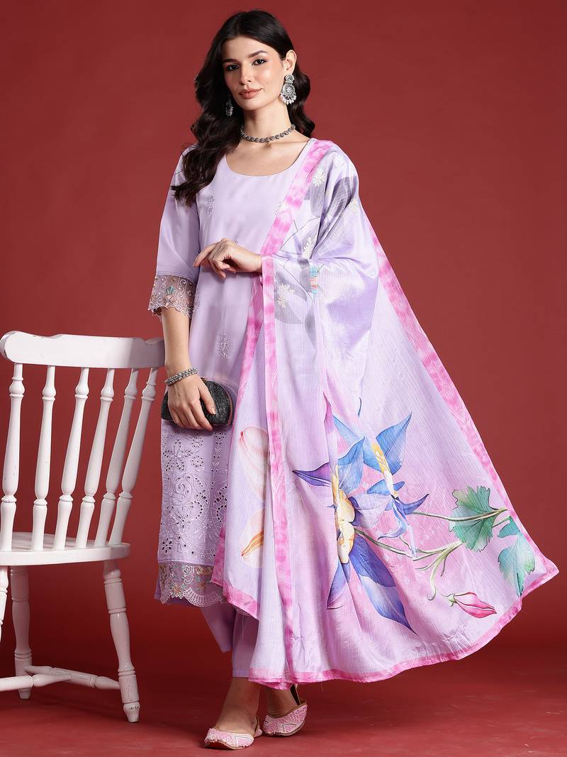 Lavender embroidered silk blend kurta trouser dupatta set