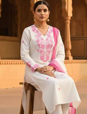 White embroidered viscose rayon kurta trouser dupatta set 1