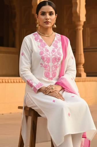 White embroidered viscose rayon kurta trouser dupatta set