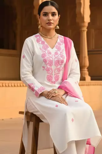 White embroidered viscose rayon kurta trouser dupatta set