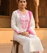 White embroidered viscose rayon kurta trouser dupatta set