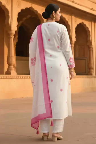 White embroidered viscose rayon kurta trouser dupatta set