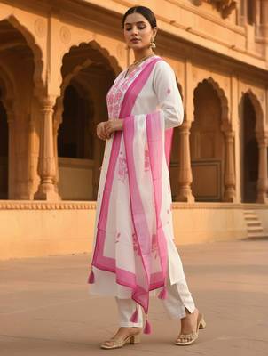 White embroidered viscose rayon kurta trouser dupatta set 3