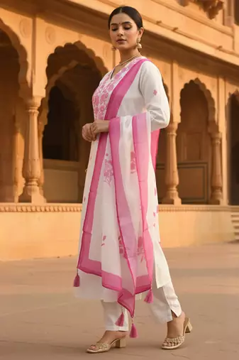 White embroidered viscose rayon kurta trouser dupatta set