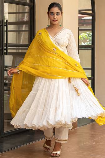 Off white sushi voile embroidered angrakha anarkali with pant and dupatta