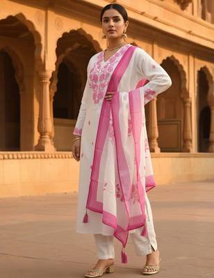 White embroidered viscose rayon kurta trouser dupatta set 4