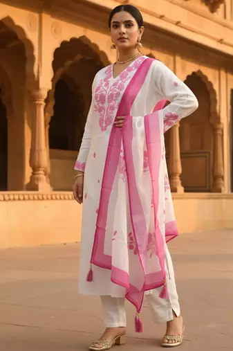 White embroidered viscose rayon kurta trouser dupatta set