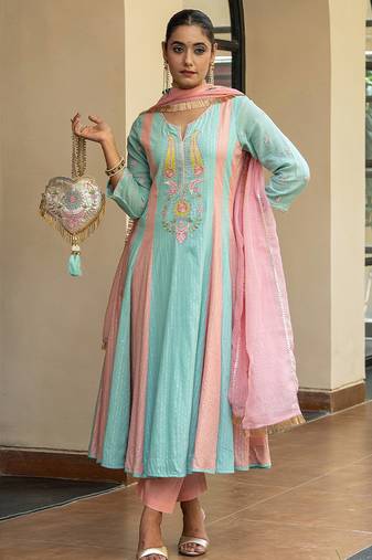 Mint blue and peach embroidered anarkali with pant and dupatta